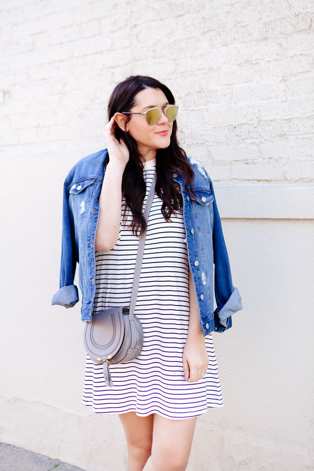 black and white dress with jean jacket