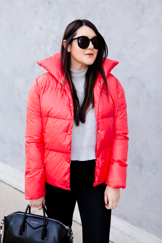 red puffer coat outfit