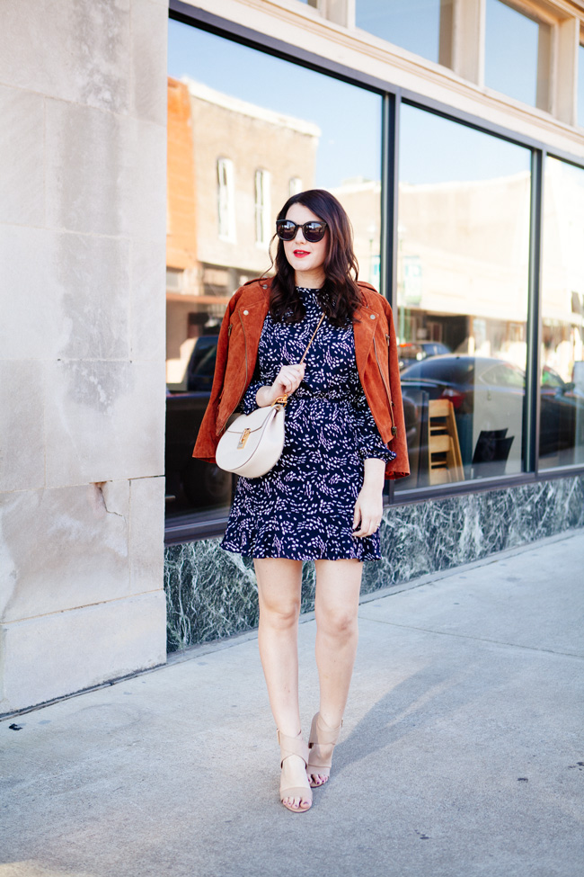 suede jacket and navy floral mini dress from style blogger kendi everyday