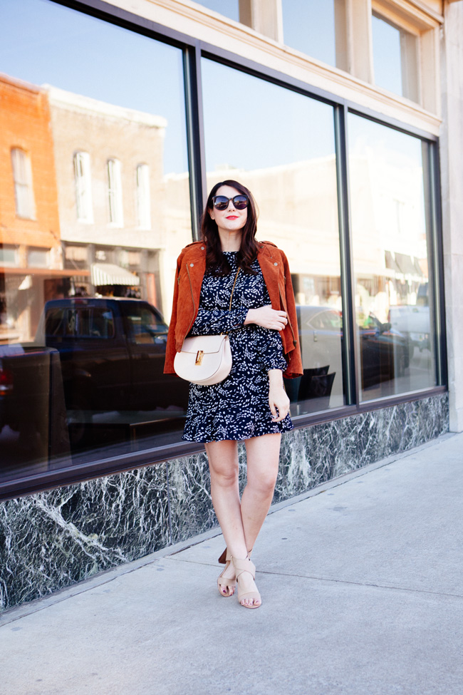 suede jacket and navy floral mini dress from style blogger kendi everyday