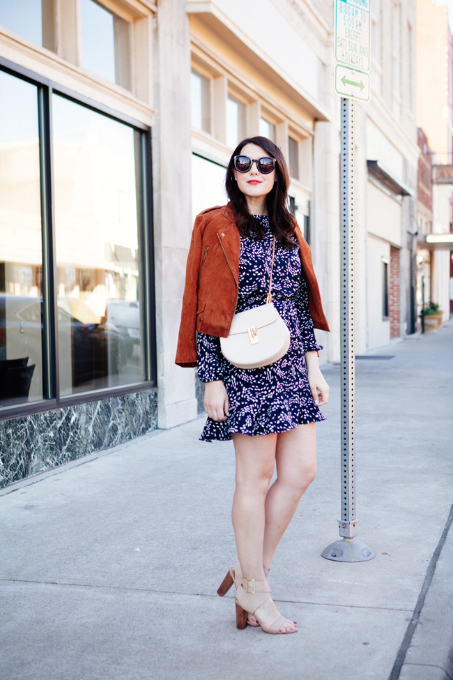 suede jacket and navy floral mini dress from style blogger kendi everyday