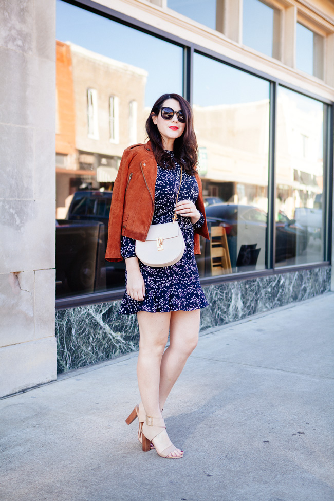 suede jacket and navy floral mini dress from style blogger kendi everyday