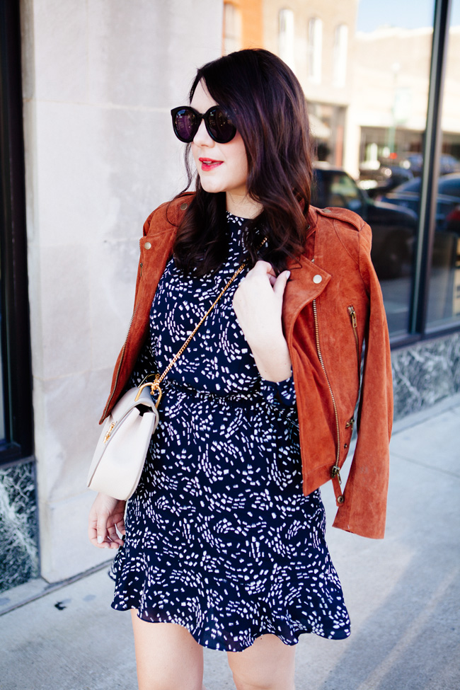 suede jacket and navy floral mini dress from style blogger kendi everyday