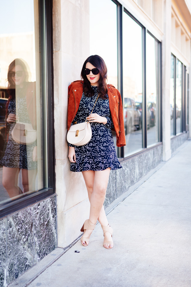 suede jacket and navy floral mini dress from style blogger kendi everyday