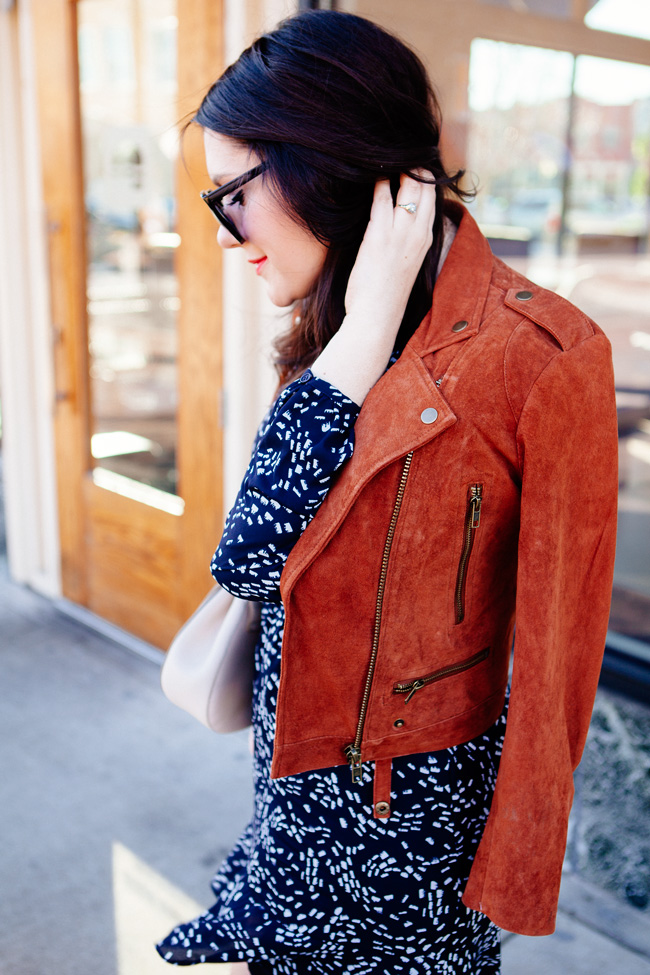 suede jacket and navy floral mini dress from style blogger kendi everyday