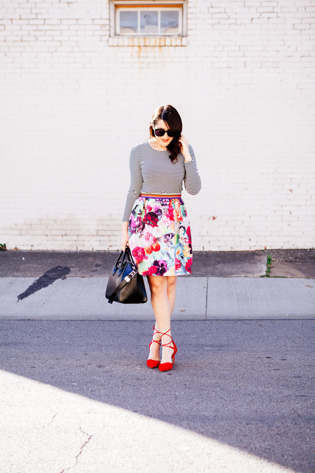 floral skirt and a striped tee from style blogger kendi everyday.