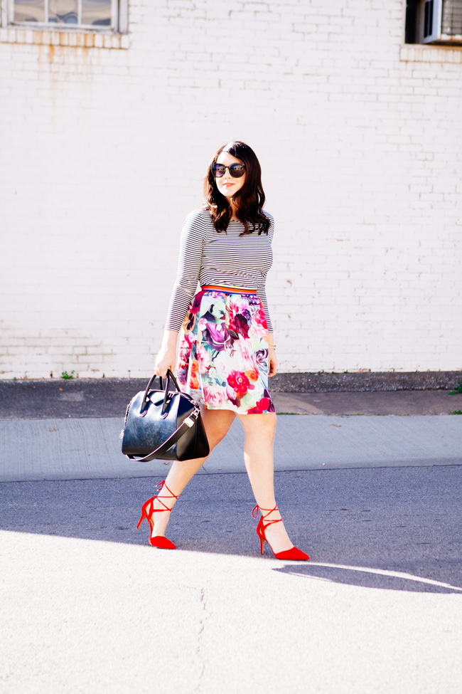 floral skirt and a striped tee from style blogger kendi everyday.