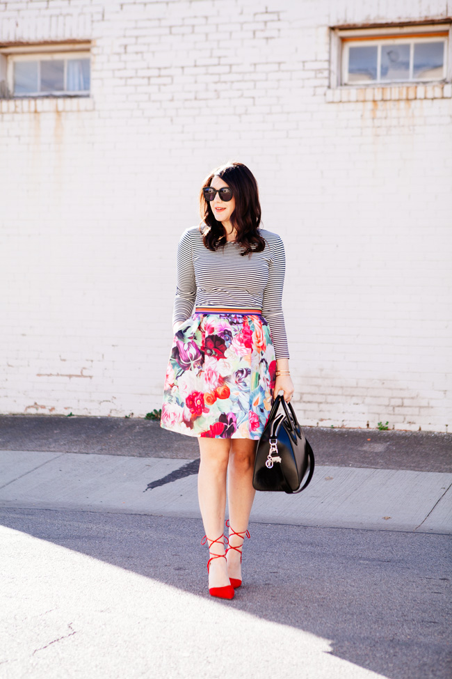 floral skirt and a striped tee from style blogger kendi everyday.