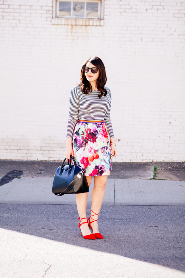 floral skirt and a striped tee from style blogger kendi everyday.