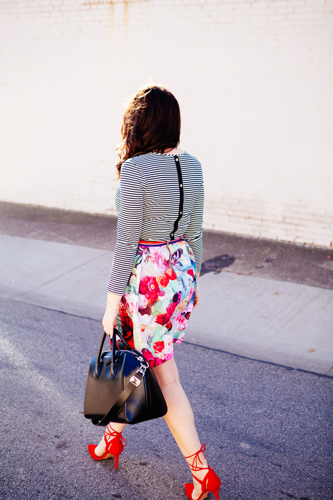 floral skirt and a striped tee from style blogger kendi everyday.