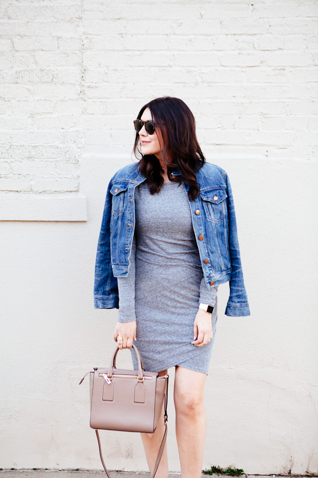 grey body-con knit dress and denim jacket by style blogger kendi everyday.