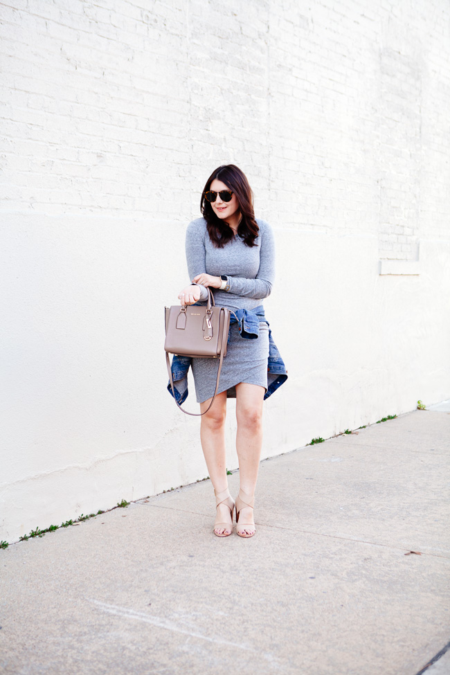 grey body-con knit dress and denim jacket by style blogger kendi everyday.