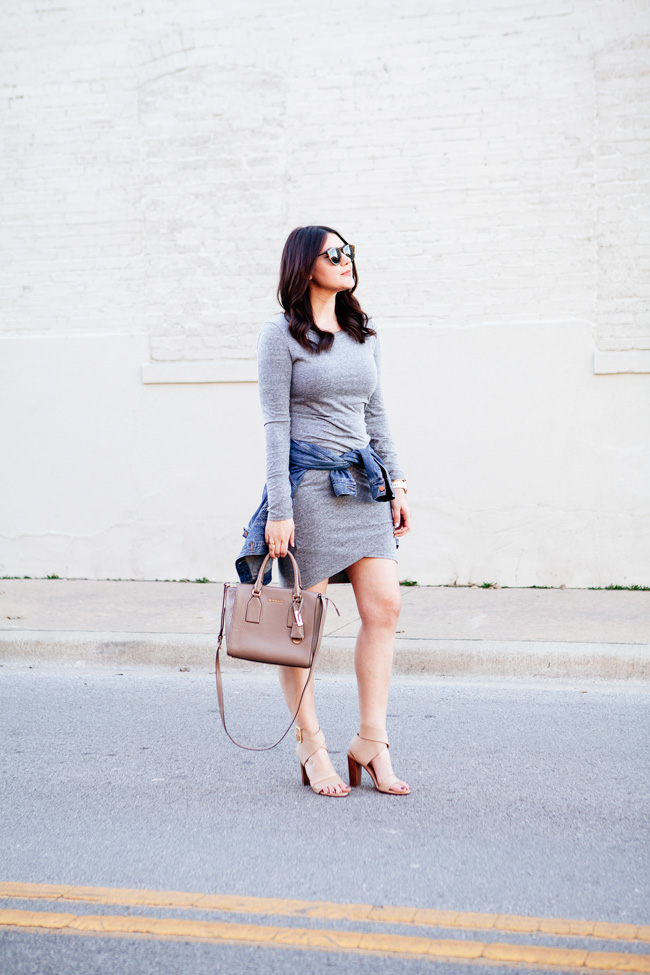 grey body-con knit dress and denim jacket by style blogger kendi everyday.