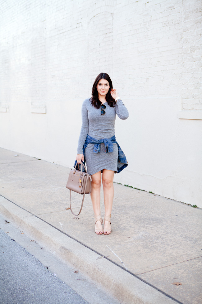 grey body-con knit dress and denim jacket by style blogger kendi everyday.