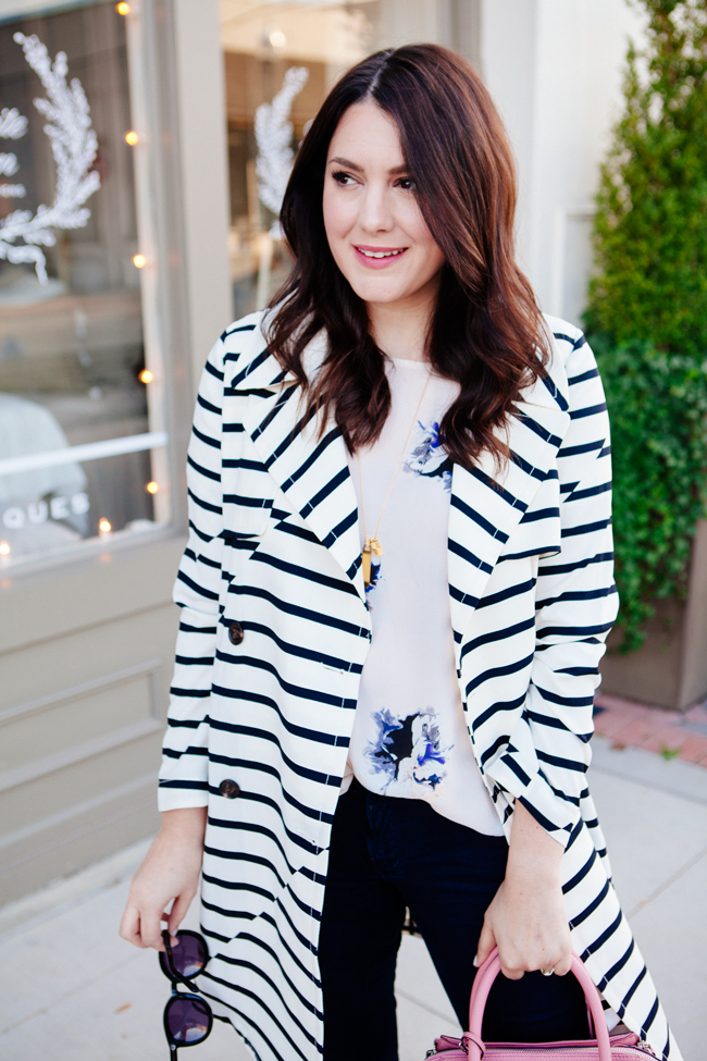 striped trench jacket and floral blouse by style blogger kendi everyday.