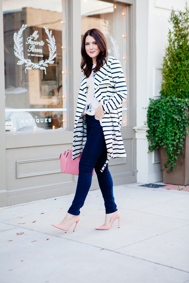 striped trench jacket and floral blouse by style blogger kendi everyday.