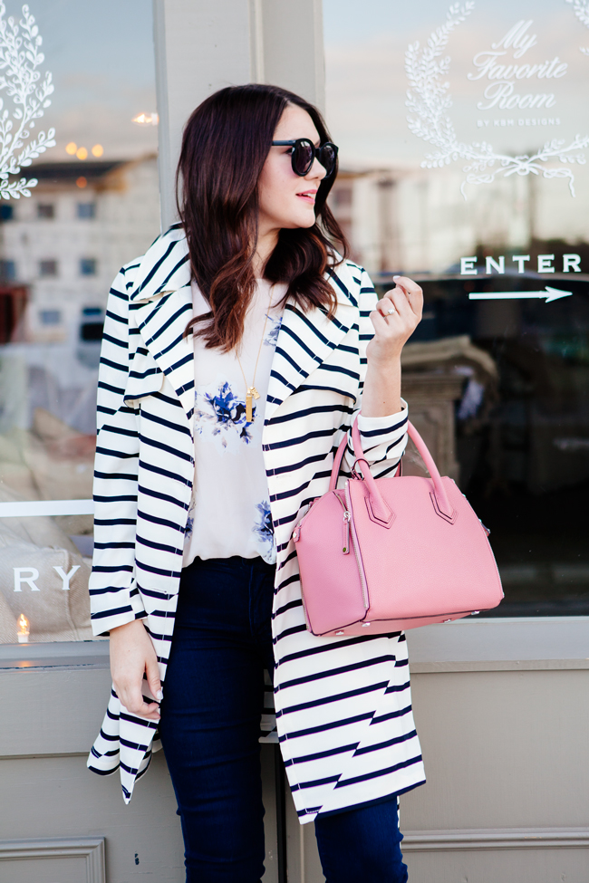 striped trench jacket and floral blouse by style blogger kendi everyday.