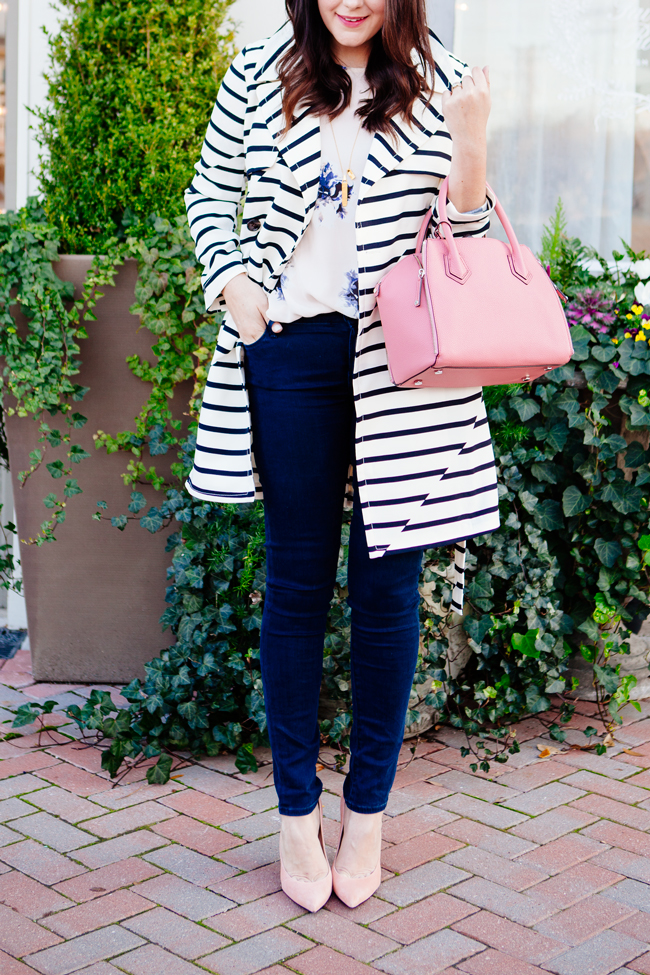 striped trench jacket and floral blouse by style blogger kendi everyday.