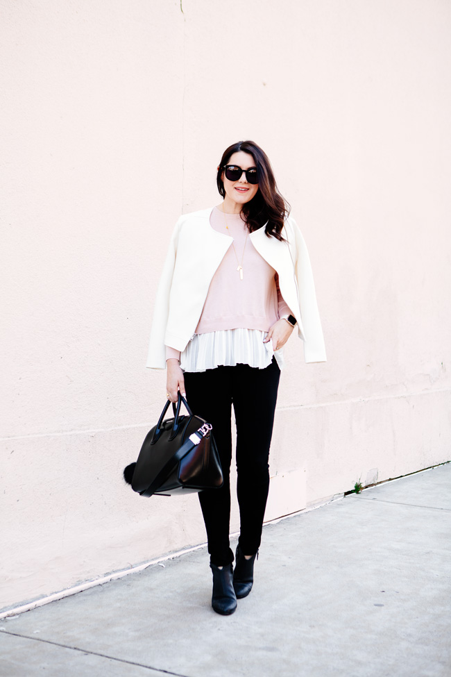 layered pink sweater with tweed blazer by style blogger kendi everyday