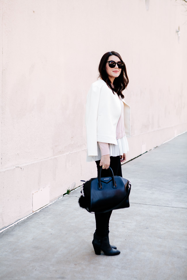 layered pink sweater with tweed blazer by style blogger kendi everyday