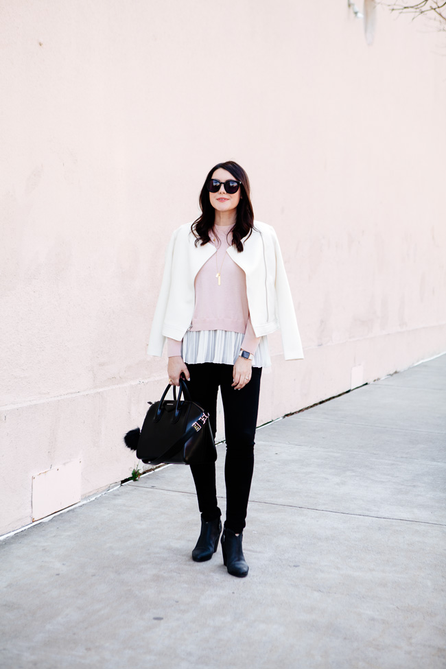 layered pink sweater with tweed blazer by style blogger kendi everyday
