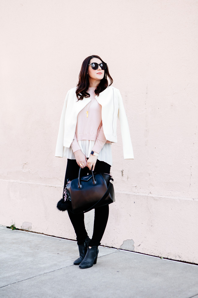 layered pink sweater with tweed blazer by style blogger kendi everyday