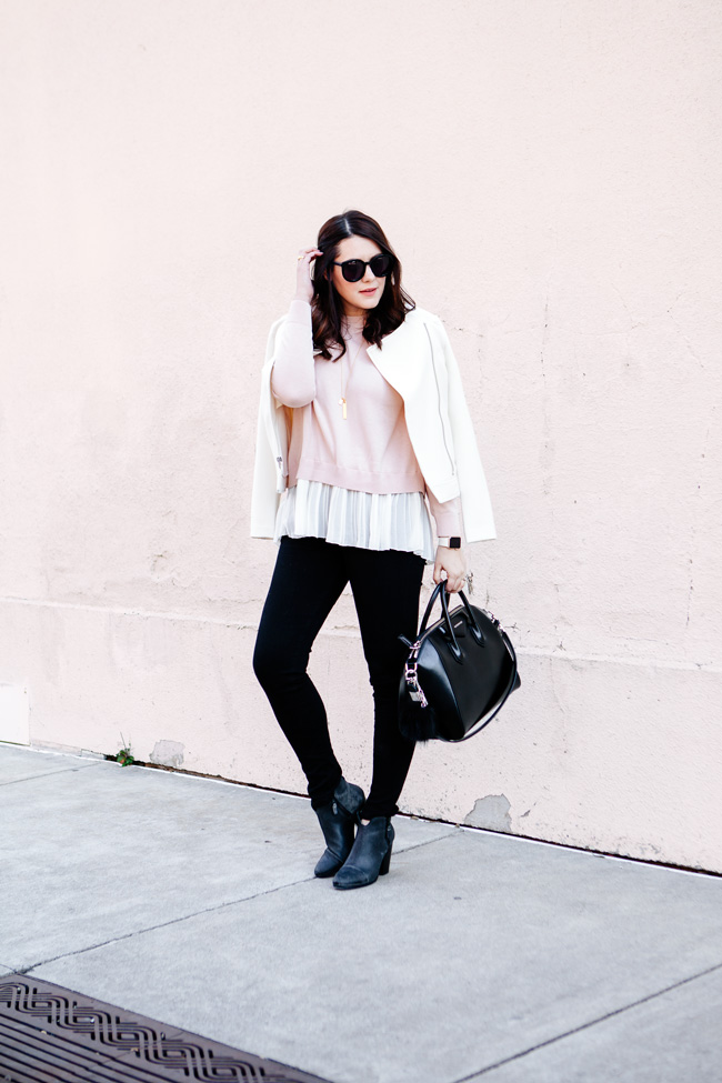 layered pink sweater with tweed blazer by style blogger kendi everyday