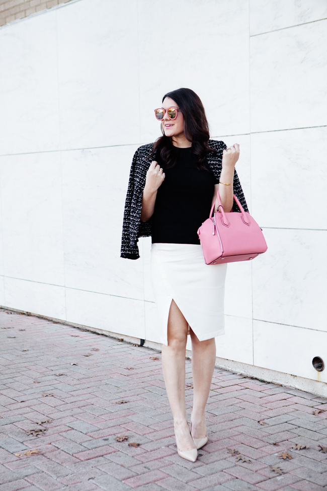 tweed jacket and white pencil skirt with pink accessories by kendi everyday