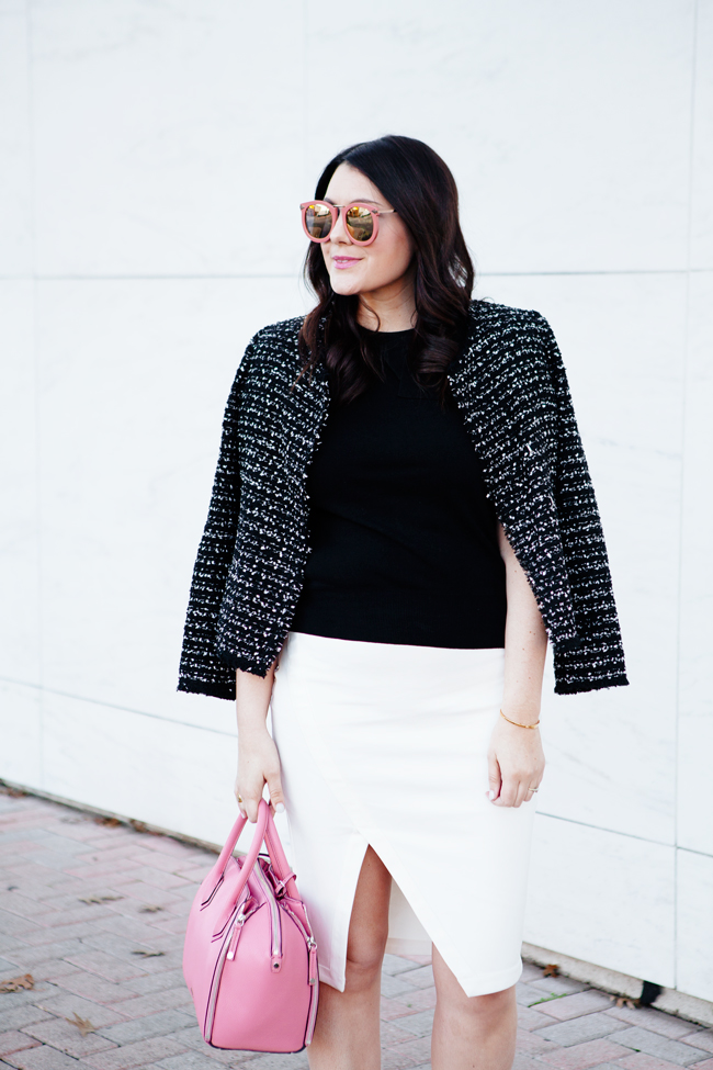 tweed jacket and white pencil skirt with pink accessories by kendi everyday