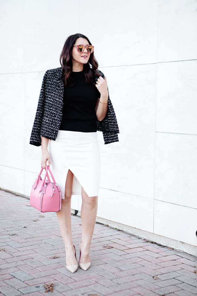 tweed jacket and white pencil skirt with pink accessories by kendi everyday