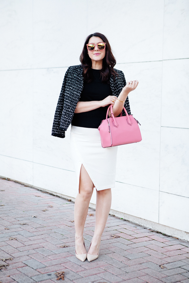 tweed jacket and white pencil skirt with pink accessories by kendi everyday