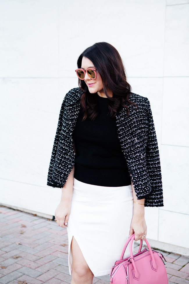 tweed jacket and white pencil skirt with pink accessories by kendi everyday