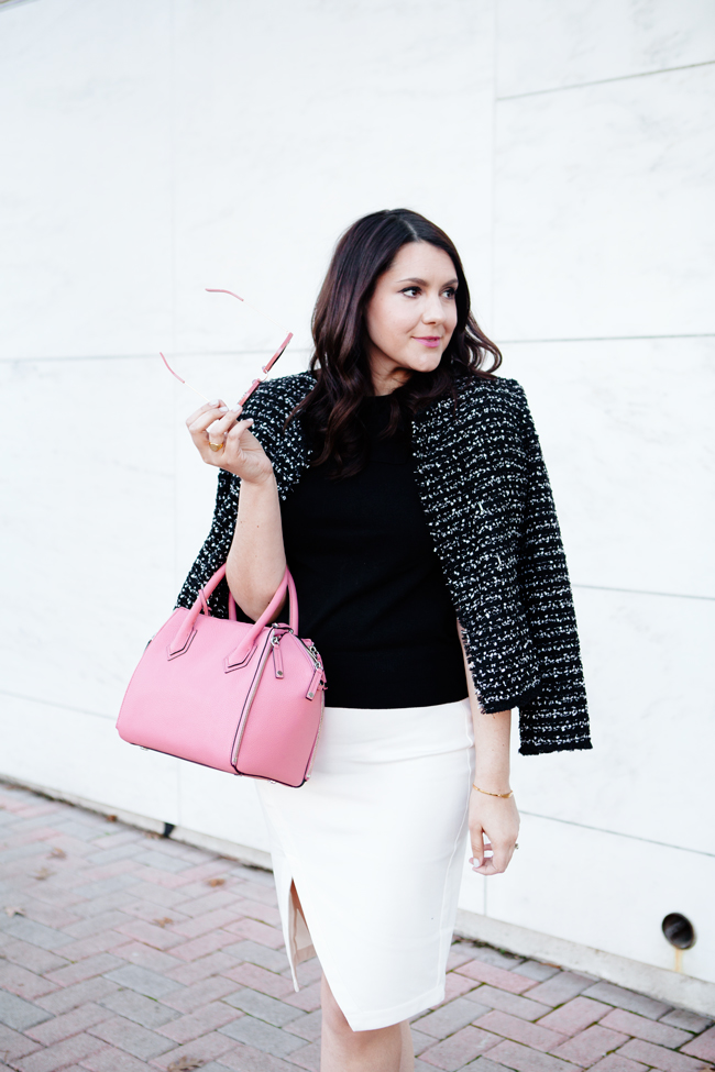 tweed jacket and white pencil skirt with pink accessories by kendi everyday