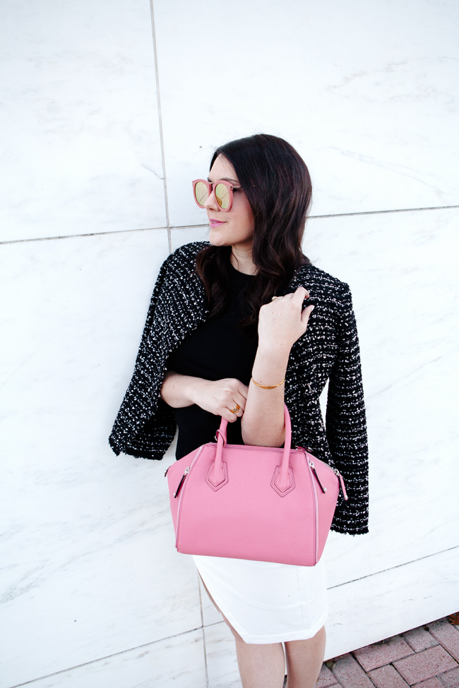 tweed jacket and white pencil skirt with pink accessories by kendi everyday