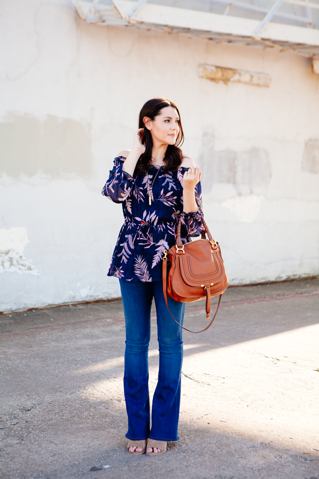 Off the shoulder blouse and flare jeans on Kendi Everyday