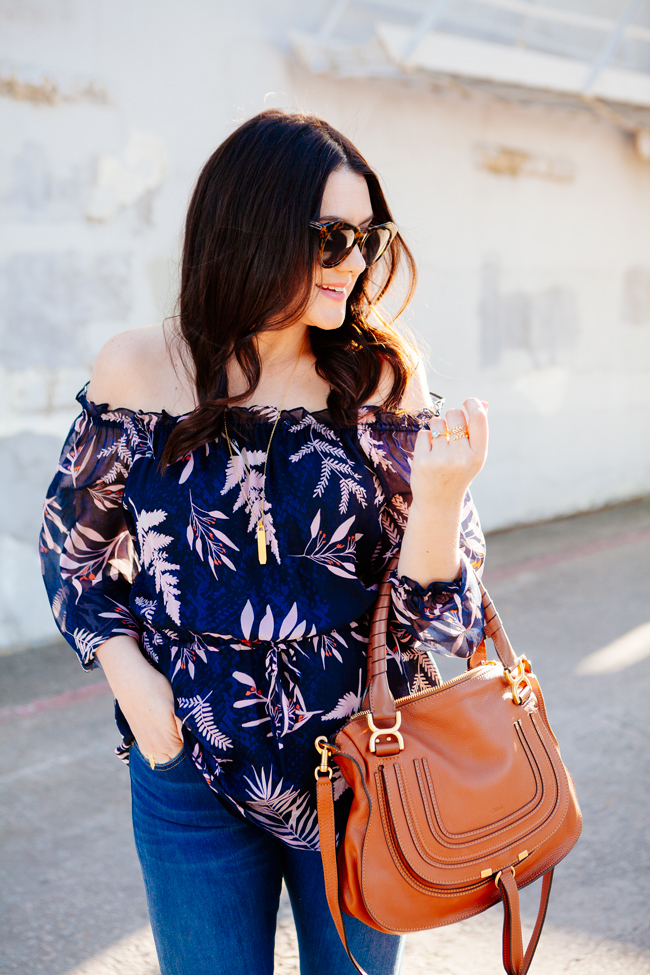 Off the shoulder blouse and flare jeans on Kendi Everyday