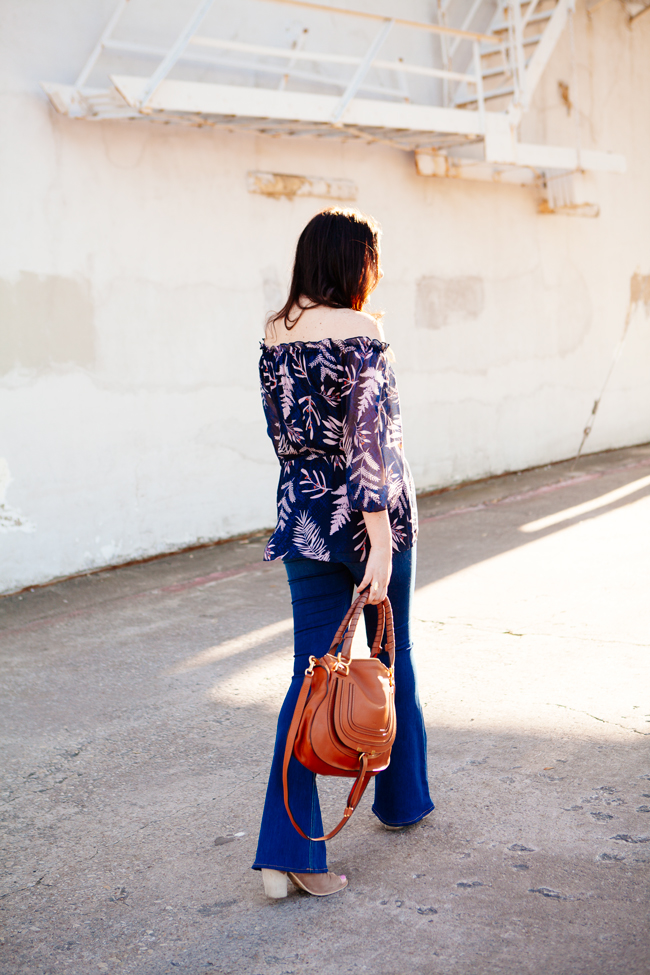 Off the shoulder blouse and flare jeans on Kendi Everyday