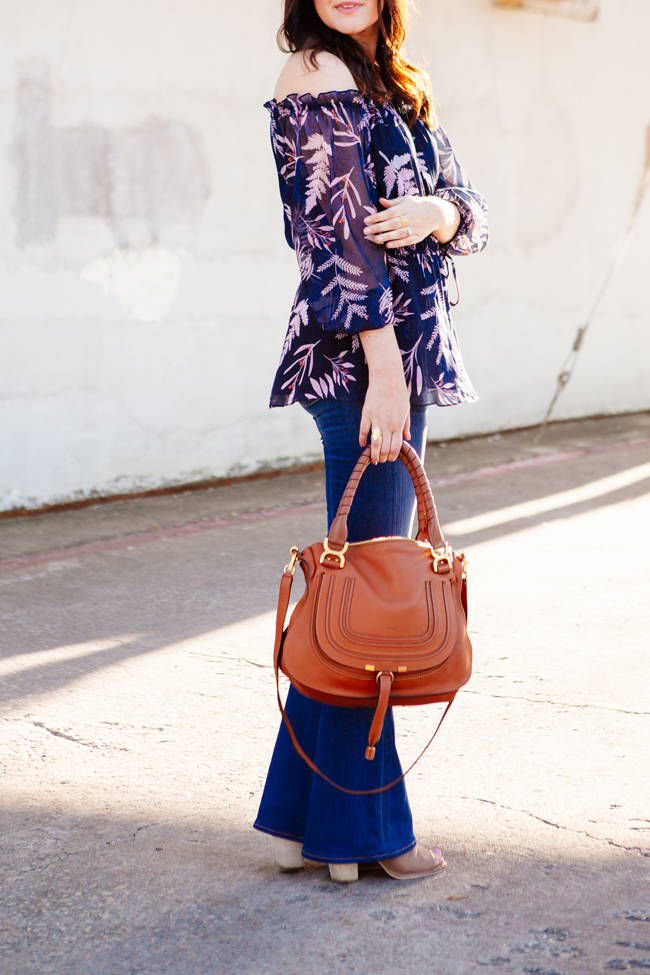 Off the shoulder blouse and flare jeans on Kendi Everyday