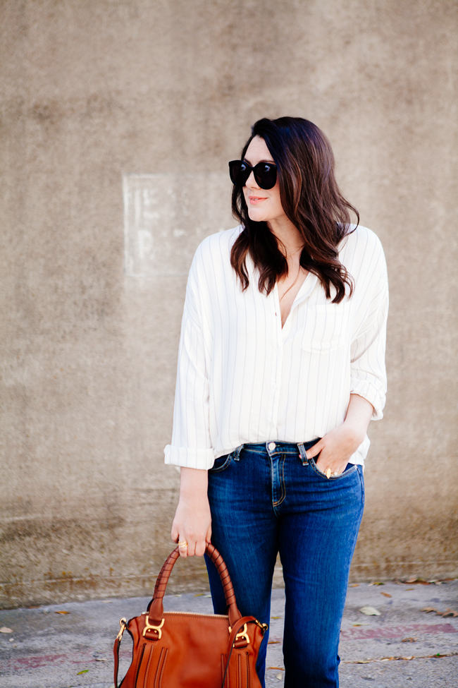 Cropped flares and oversized button down from Kendi Everyday.