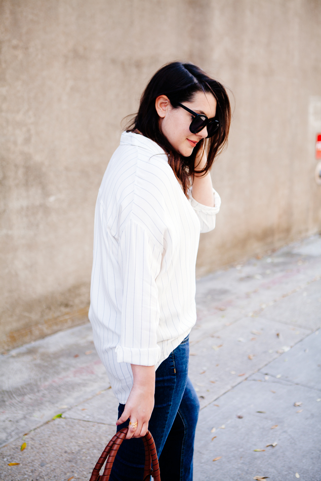 Cropped flares and oversized button down from Kendi Everyday.