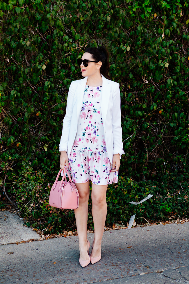 Floral dress and white blazer on Kendi Everyday