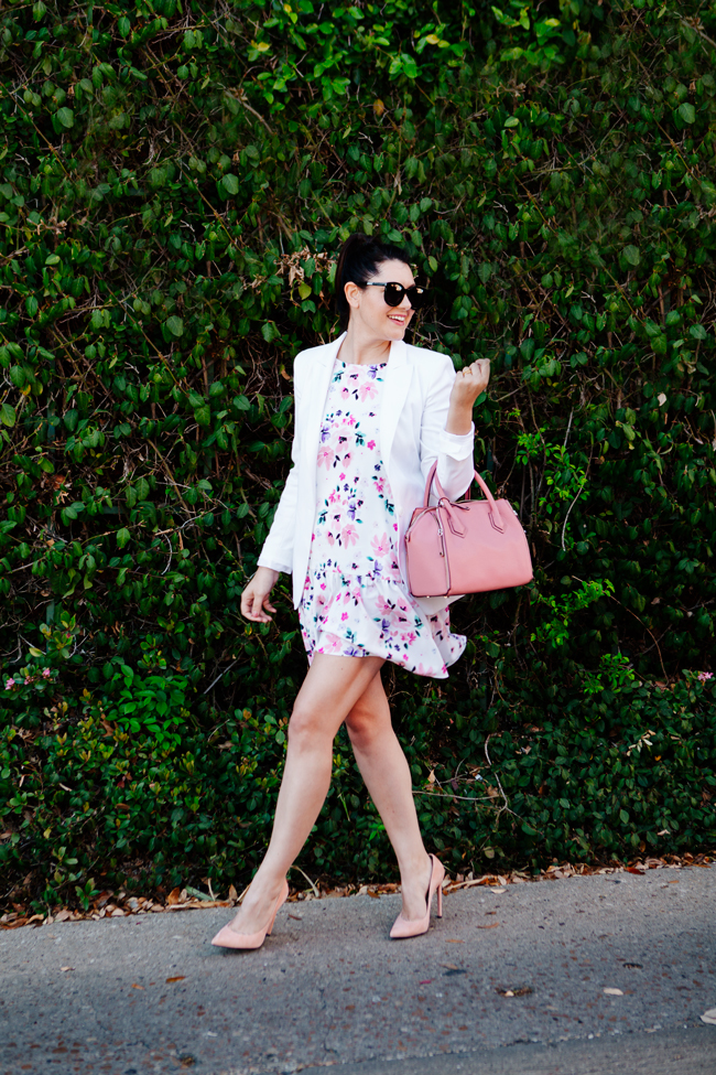 Floral dress and white blazer on Kendi Everyday