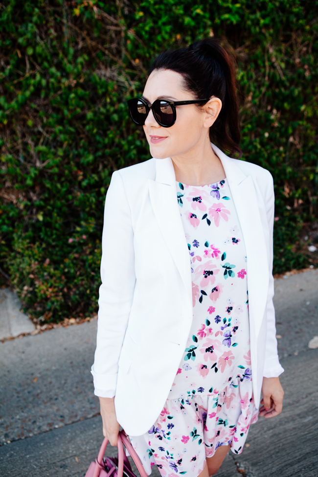 Floral dress and white blazer on Kendi Everyday