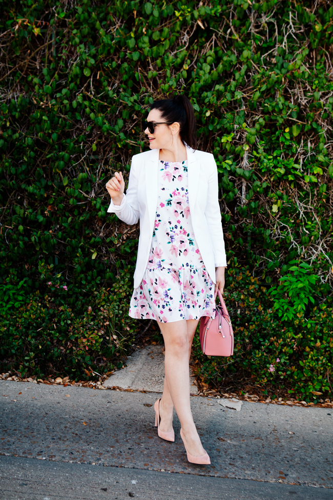 Floral dress and white blazer on Kendi Everyday