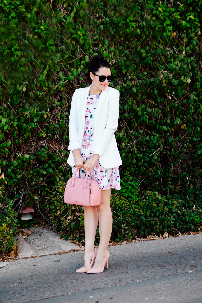 Floral dress and white blazer on Kendi Everyday