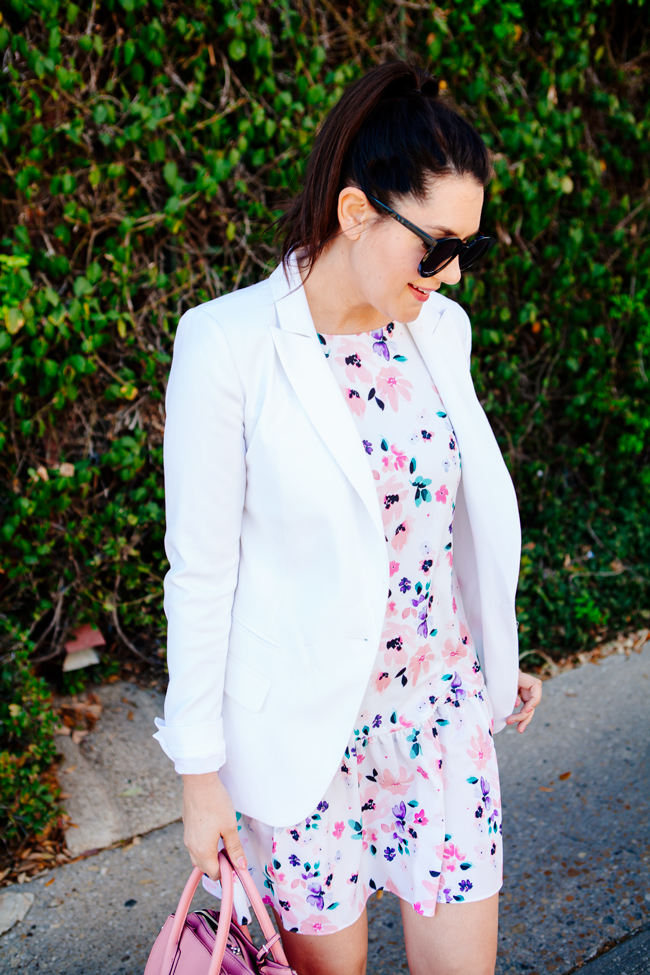 Floral dress and white blazer on Kendi Everyday