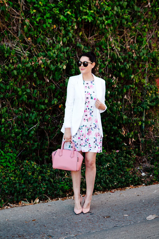 Floral dress and white blazer on Kendi Everyday