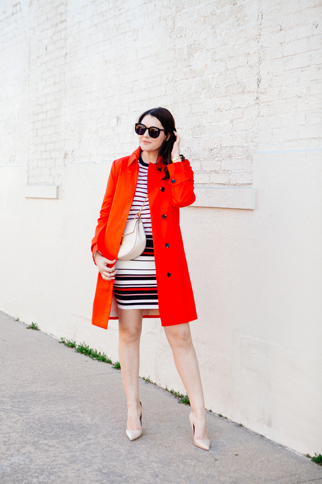 Red trench with striped pencil skirt by Kendi Everyday.