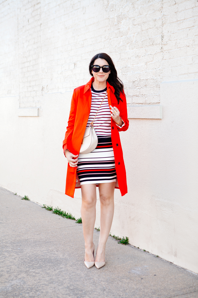 Red trench with striped pencil skirt by Kendi Everyday.