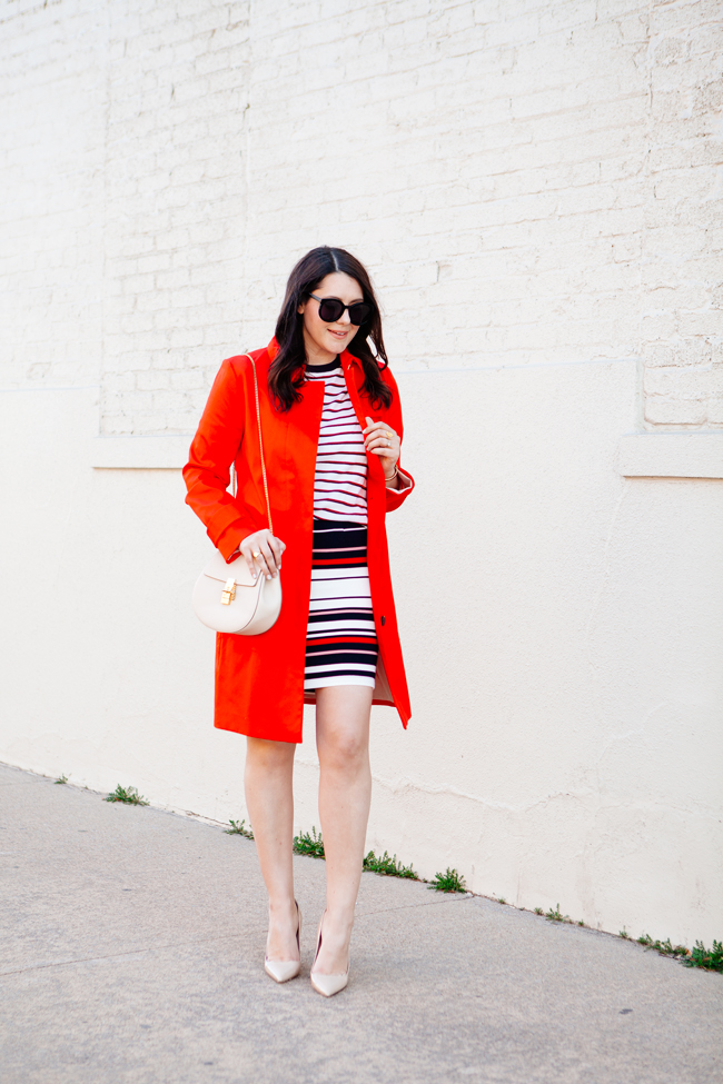 Red trench with striped pencil skirt by Kendi Everyday.